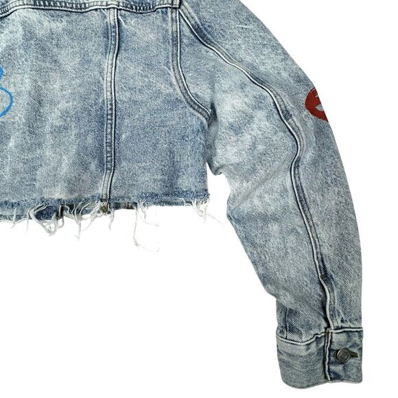 Pacsun Crop Denim Jacket Medium Graffiti Skater Distressed Painted Art Sun Peace - Picture 8 of 13